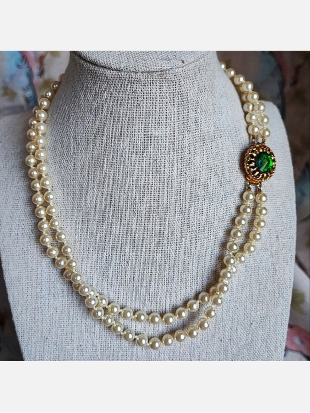 Majorca Spain Dual Strand Pearl Necklace Watermelon Rainbow Rivoli Golden Clasp
